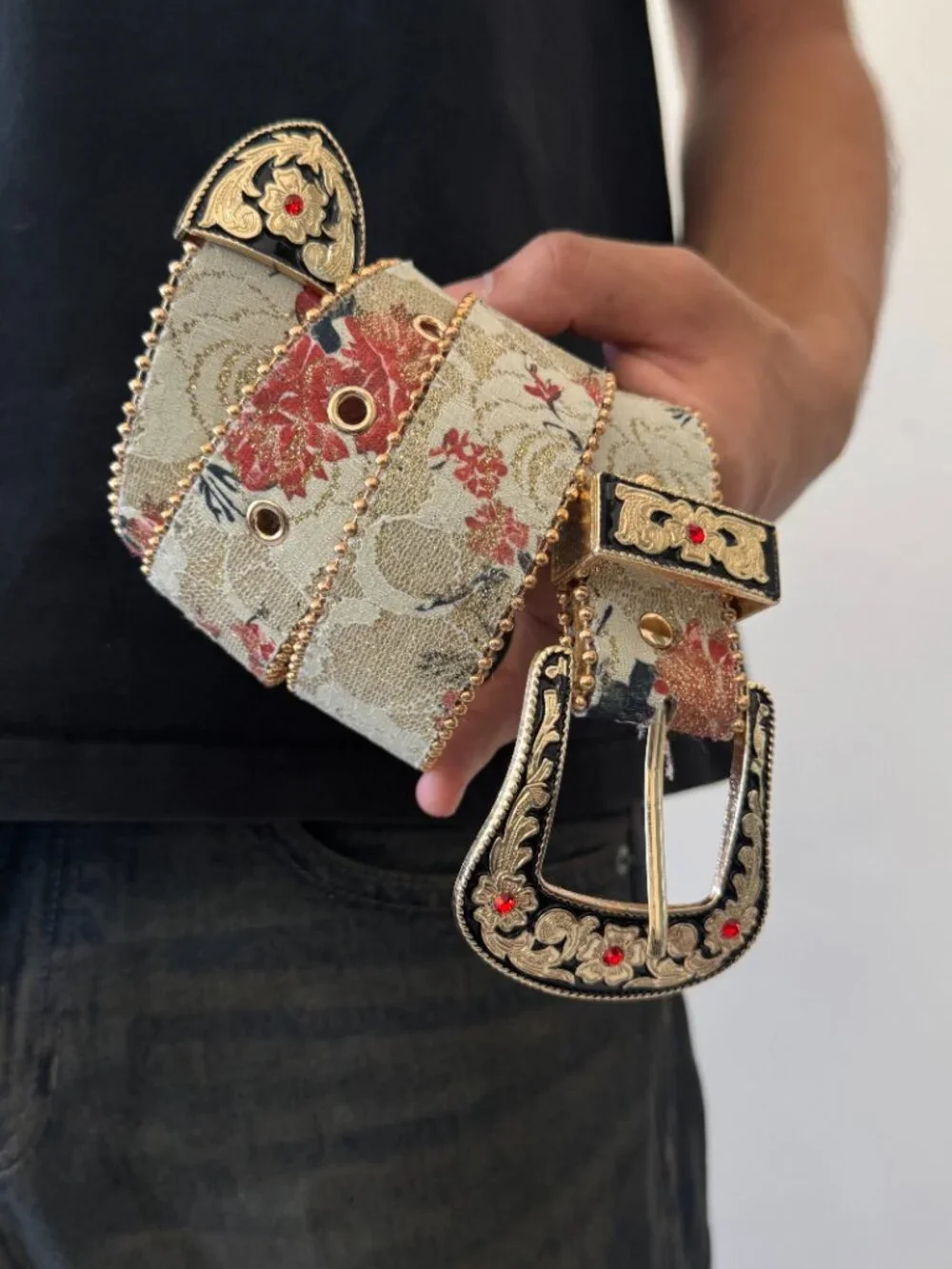 Cream Floral Jacquard Ornate Western Buckle Belt